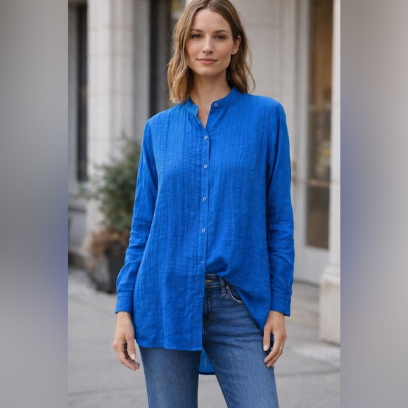 Eileen Fisher Tops - Eileen Fisher Silk Long Button Down Tunic – Medium – Cobalt Blue